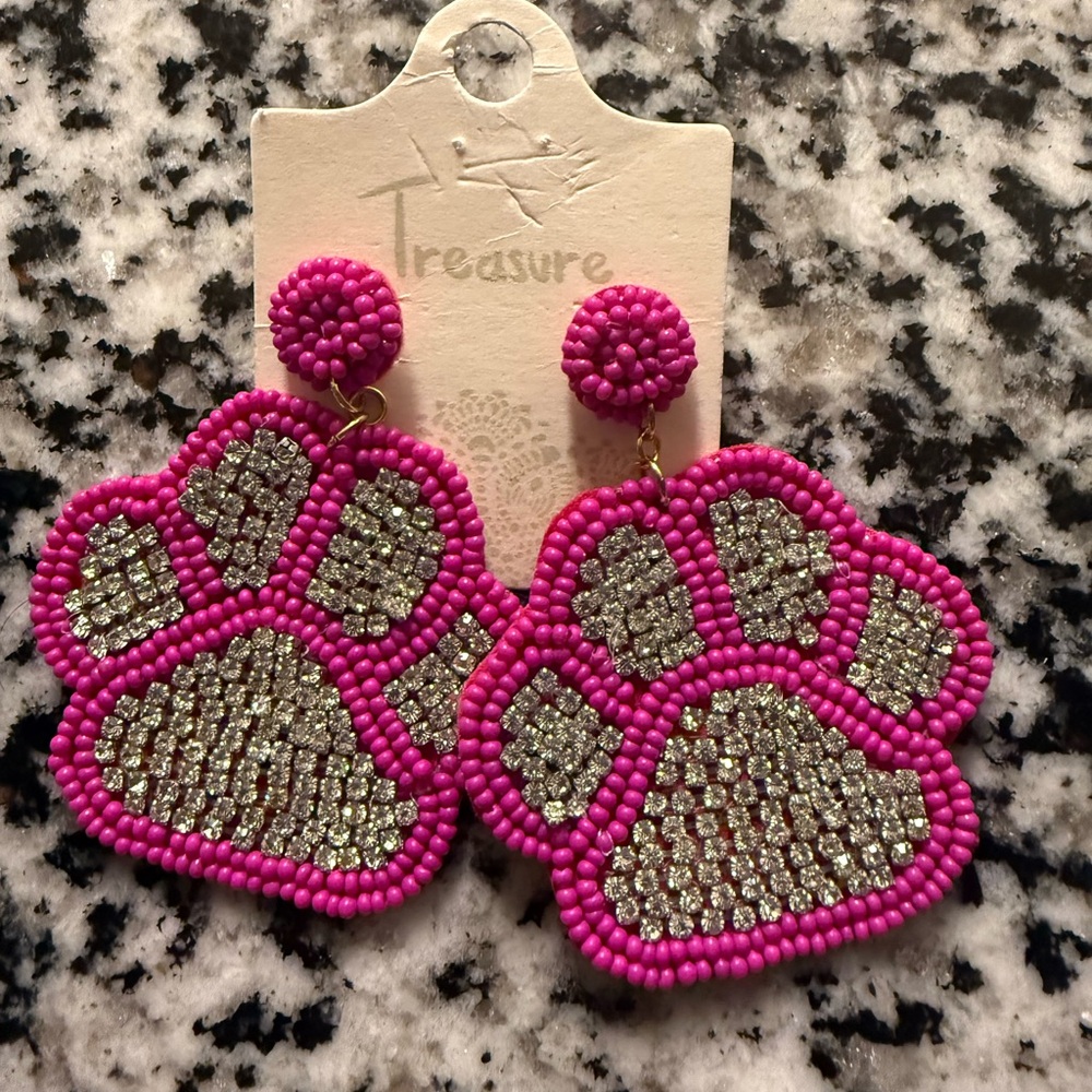 Pink and Silver Beaded Paw print Dog Earrings